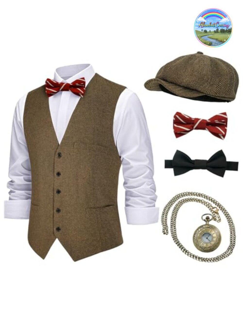 1920s Mens Costume Set Vest Newsboy Cap Bow Tie Pocket Watch Chain Gatsby